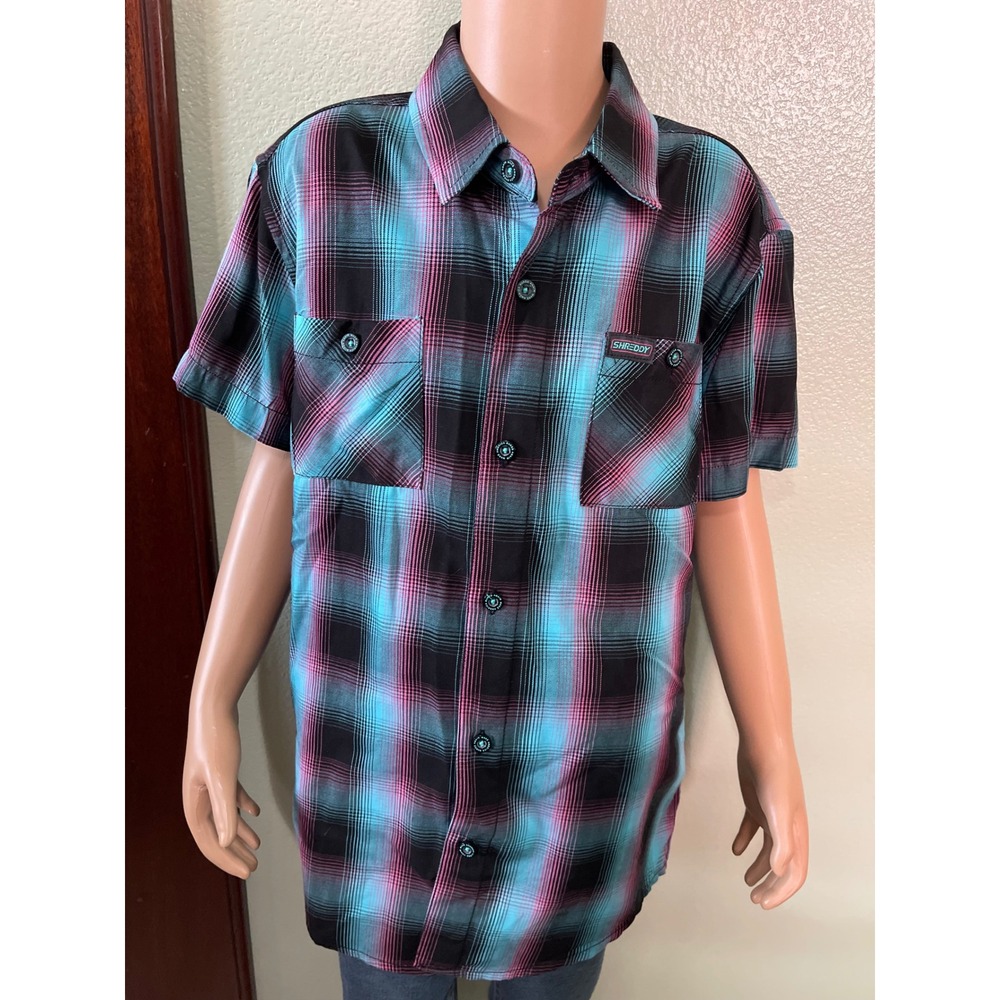 Dixxon Youth Division Shreddy Bamboo Plaid Short Sleeve Shirt Blue Black Sz M